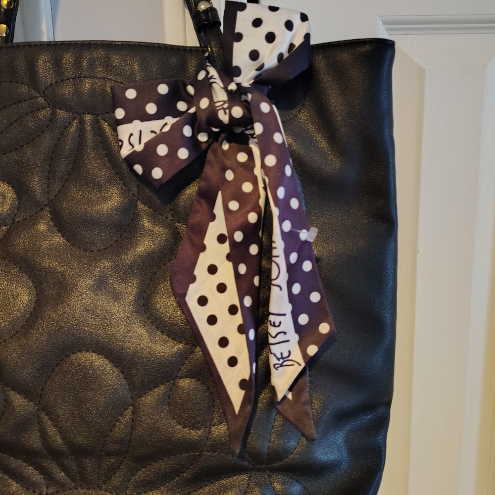 Betsy Johnson Black Tote Bag with Polka Dot Scarf - Picture 2 of 13